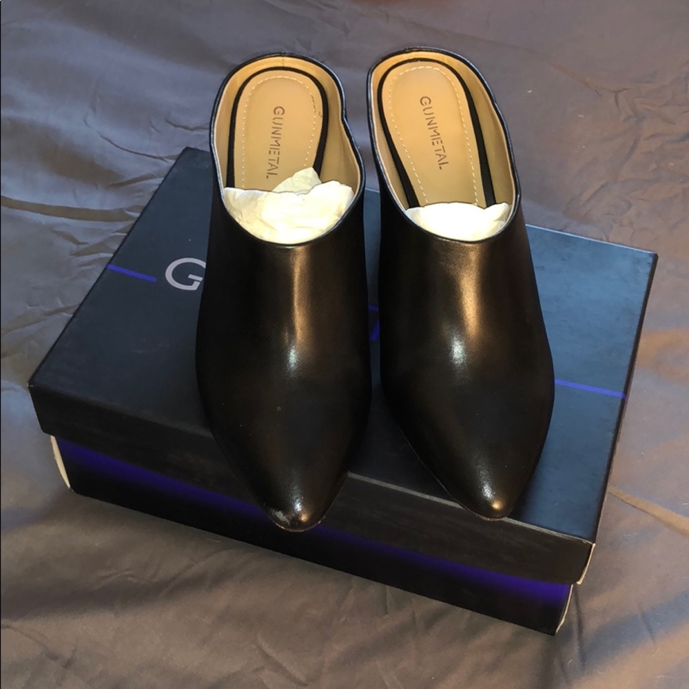 Gunmetal Black Leather Mules